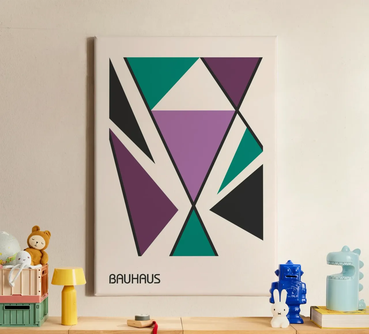 Blauwpaarse Bauhaus print - Abstracte driehoeken geometrisch ontwerp canvas van Grungeo