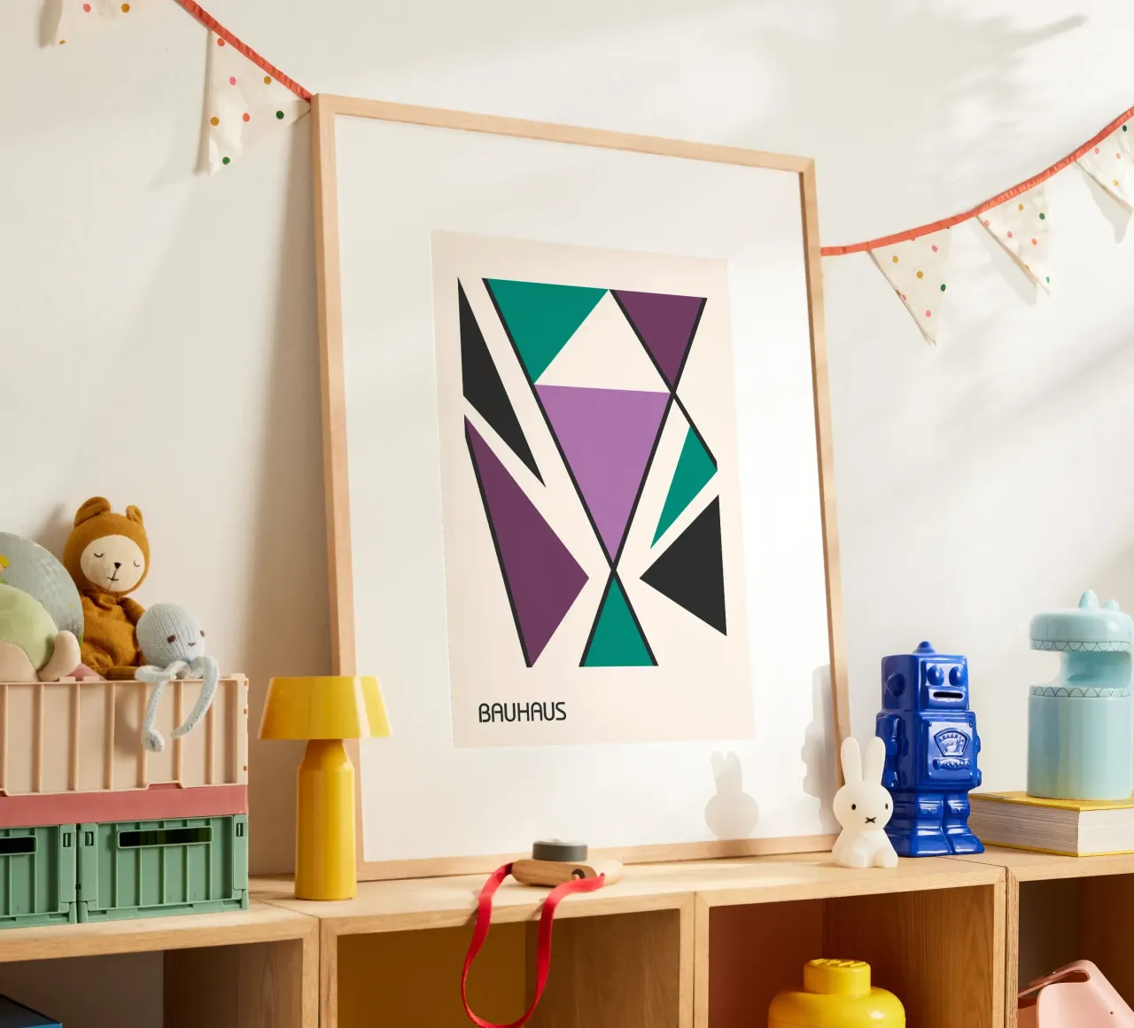 Blauwpaarse Bauhaus print - Abstracte driehoeken geometrisch ontwerp hahnemühle van Grungeo