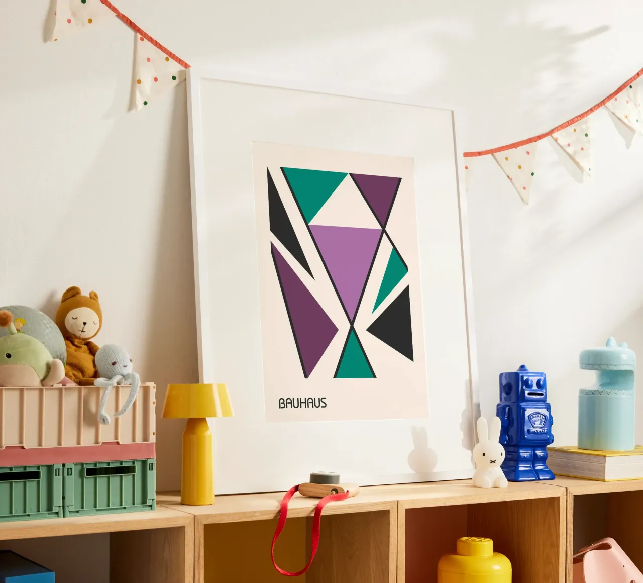 Blauwpaarse Bauhaus print - Abstracte driehoeken geometrisch ontwerp hahnemühle van Grungeo