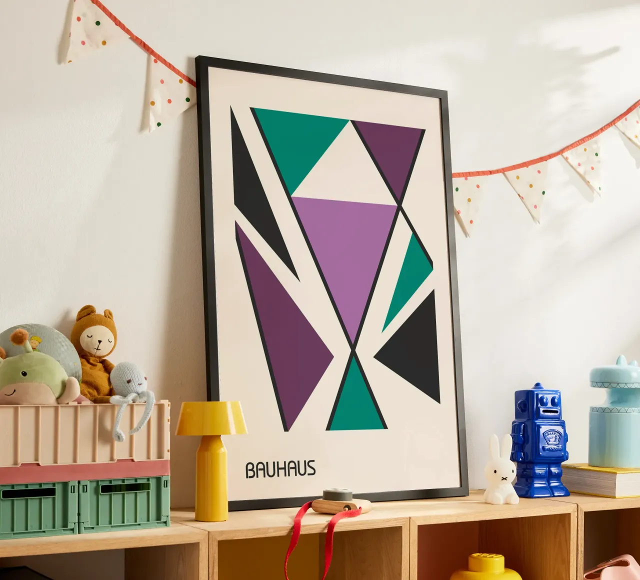 Blauwpaarse Bauhaus print - Abstracte driehoeken geometrisch ontwerp hahnemühle van Grungeo