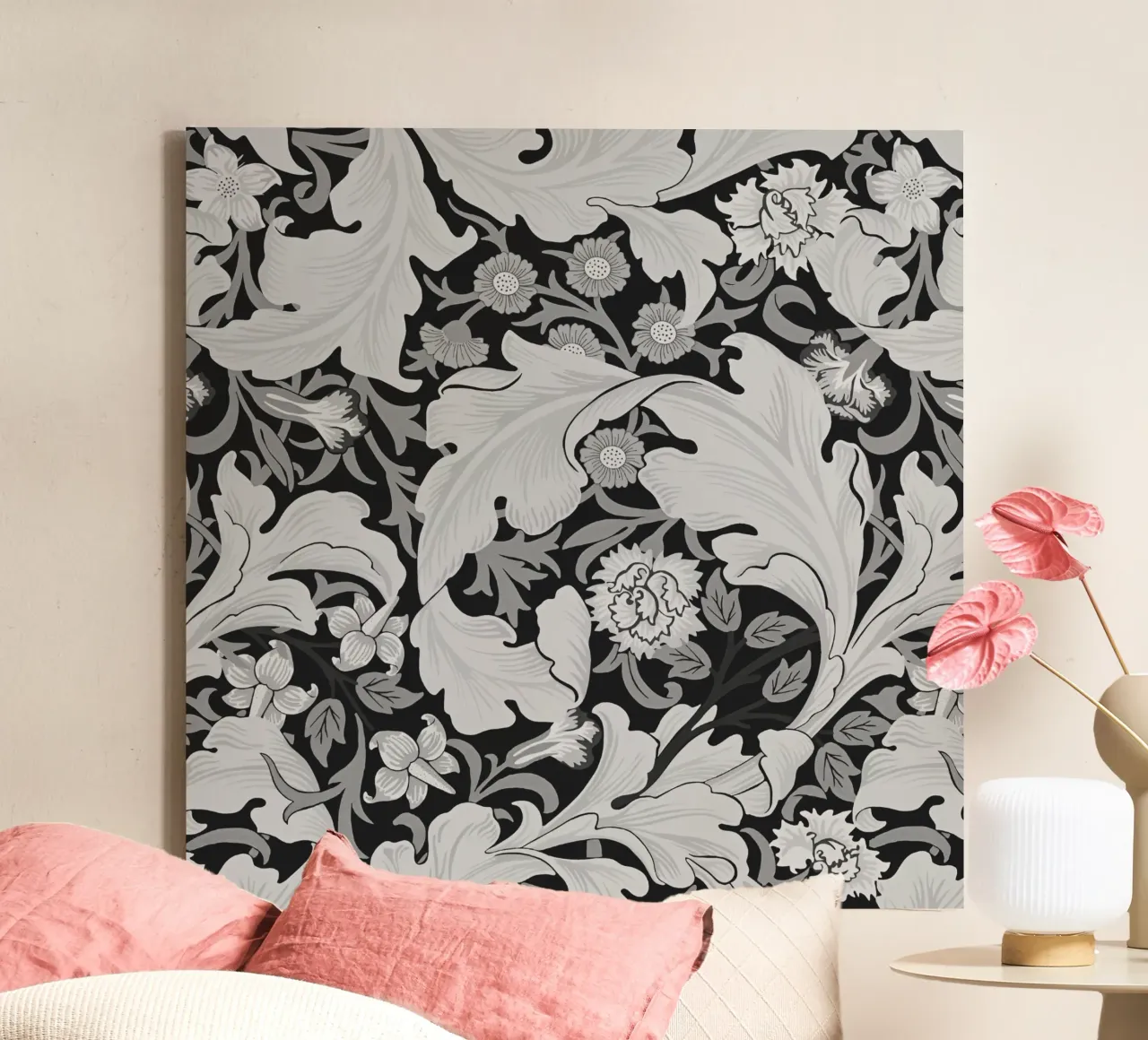 William Morris bloemmotief, zwart, wit canvas met Baklijst van William Store