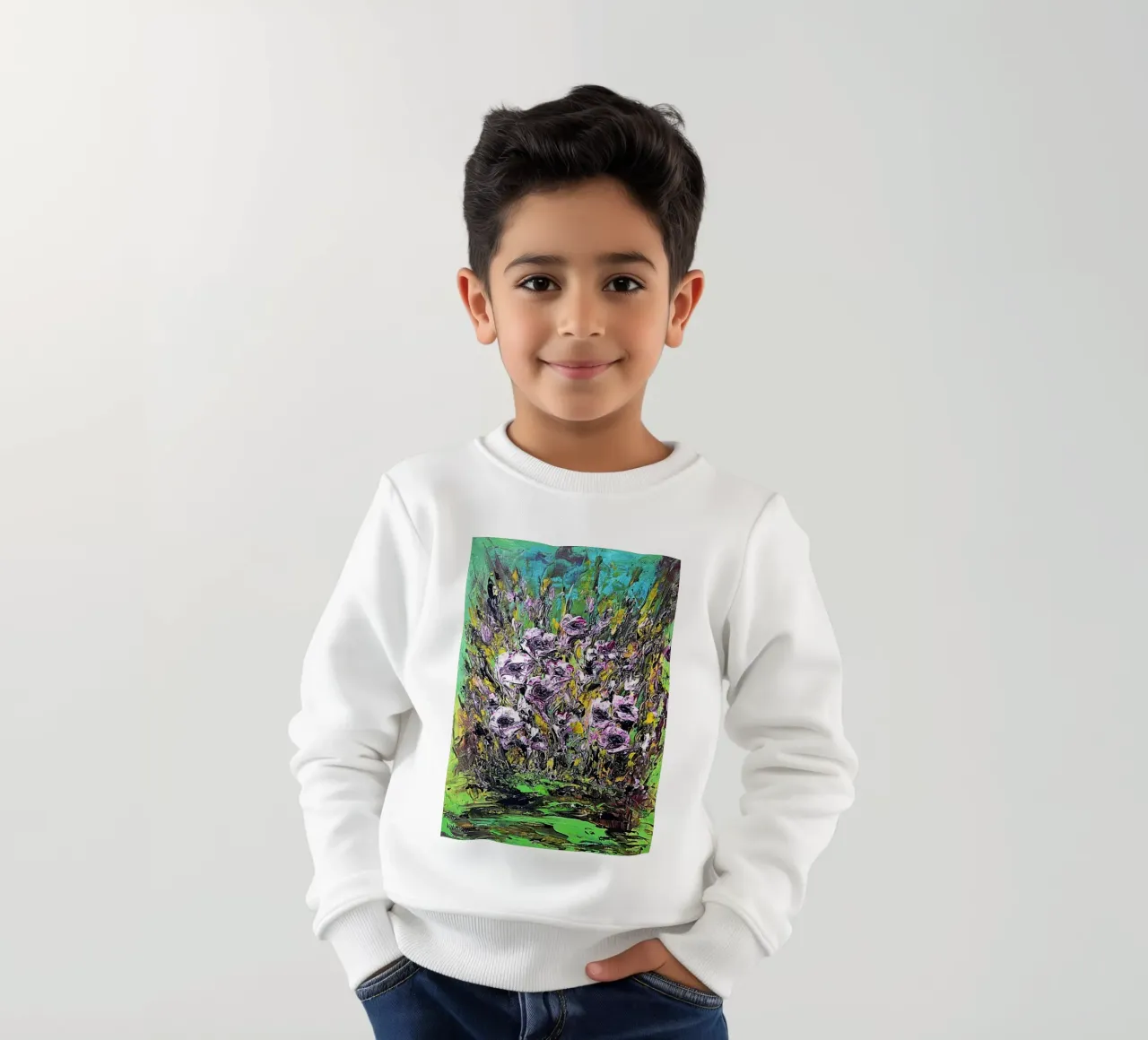 FIORI IN RIVA AL FIUME. felpa bambino da Little treasures for your home