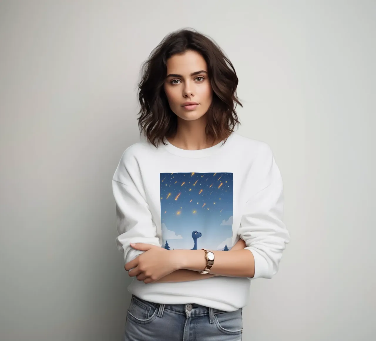 Un simpatico dinosauro blu osserva la pioggia di meteoriti felpa da DesignDoodle