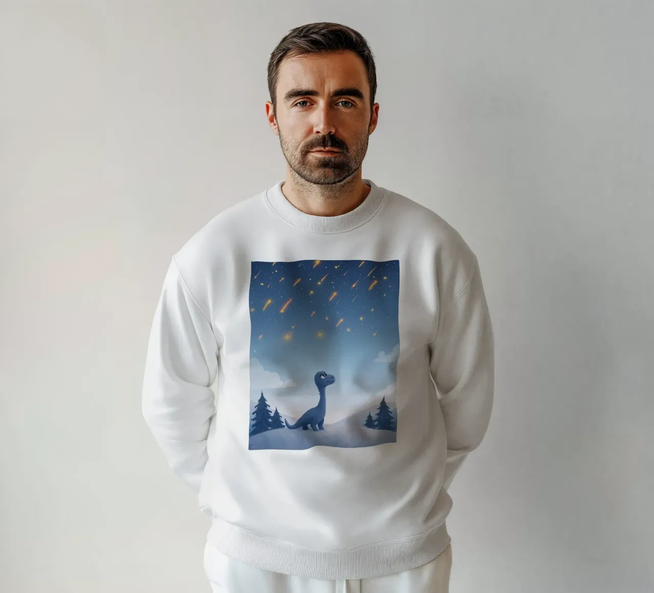 Un simpatico dinosauro blu osserva la pioggia di meteoriti felpa da DesignDoodle