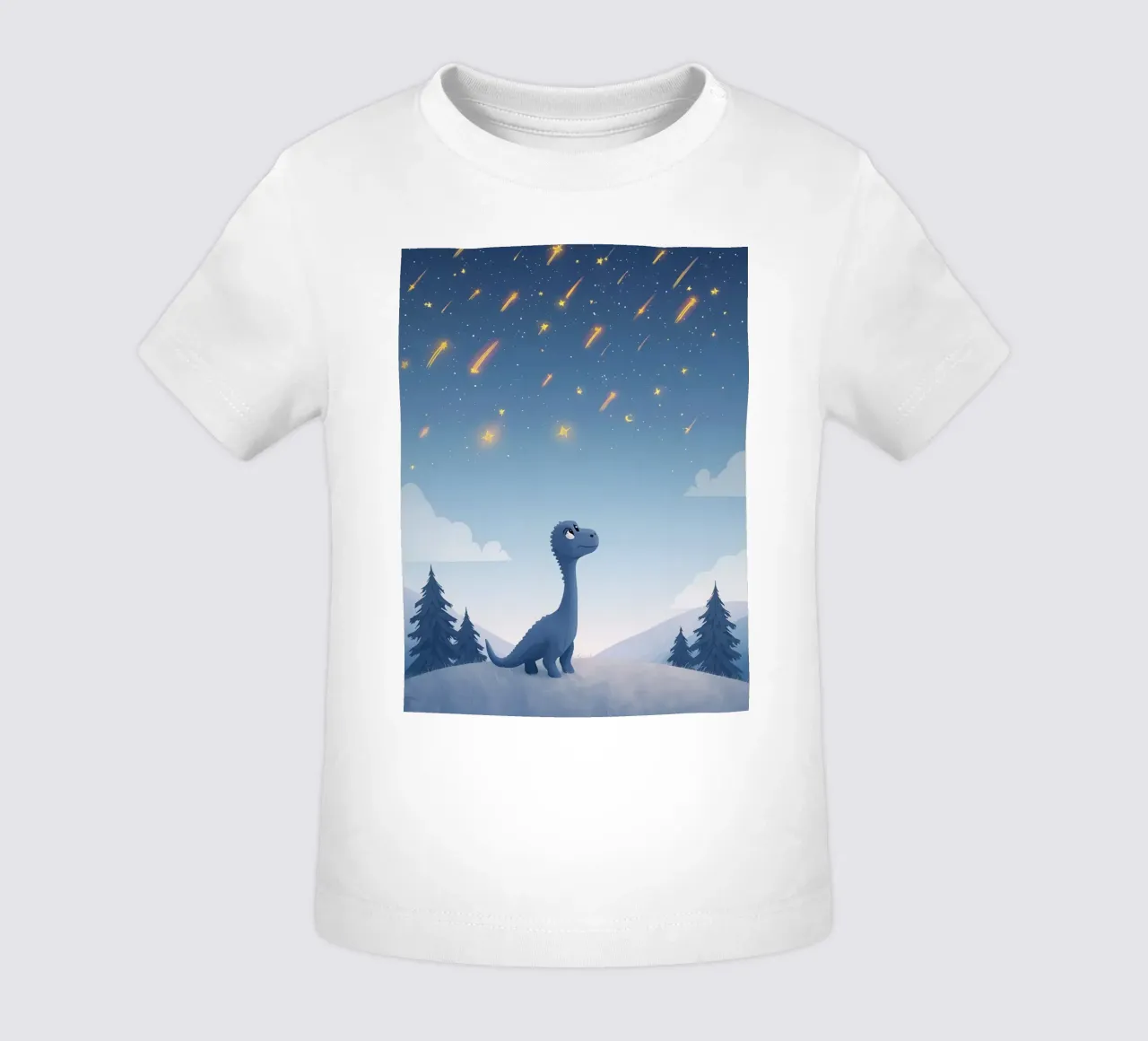 Un simpatico dinosauro blu osserva la pioggia di meteoriti maglietta neonato da DesignDoodle