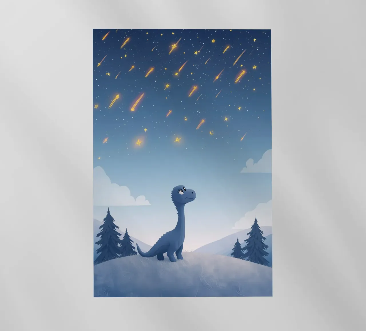 Un simpatico dinosauro blu osserva la pioggia di meteoriti pellicola backlit da DesignDoodle