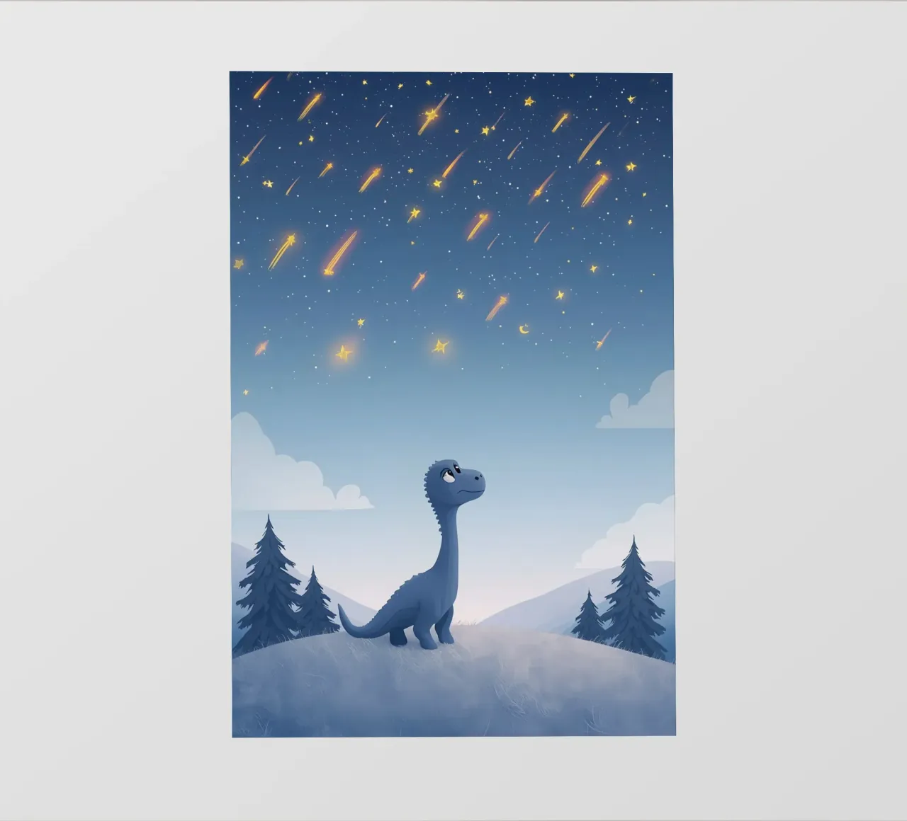 Un simpatico dinosauro blu osserva la pioggia di meteoriti pellicola backlit da DesignDoodle
