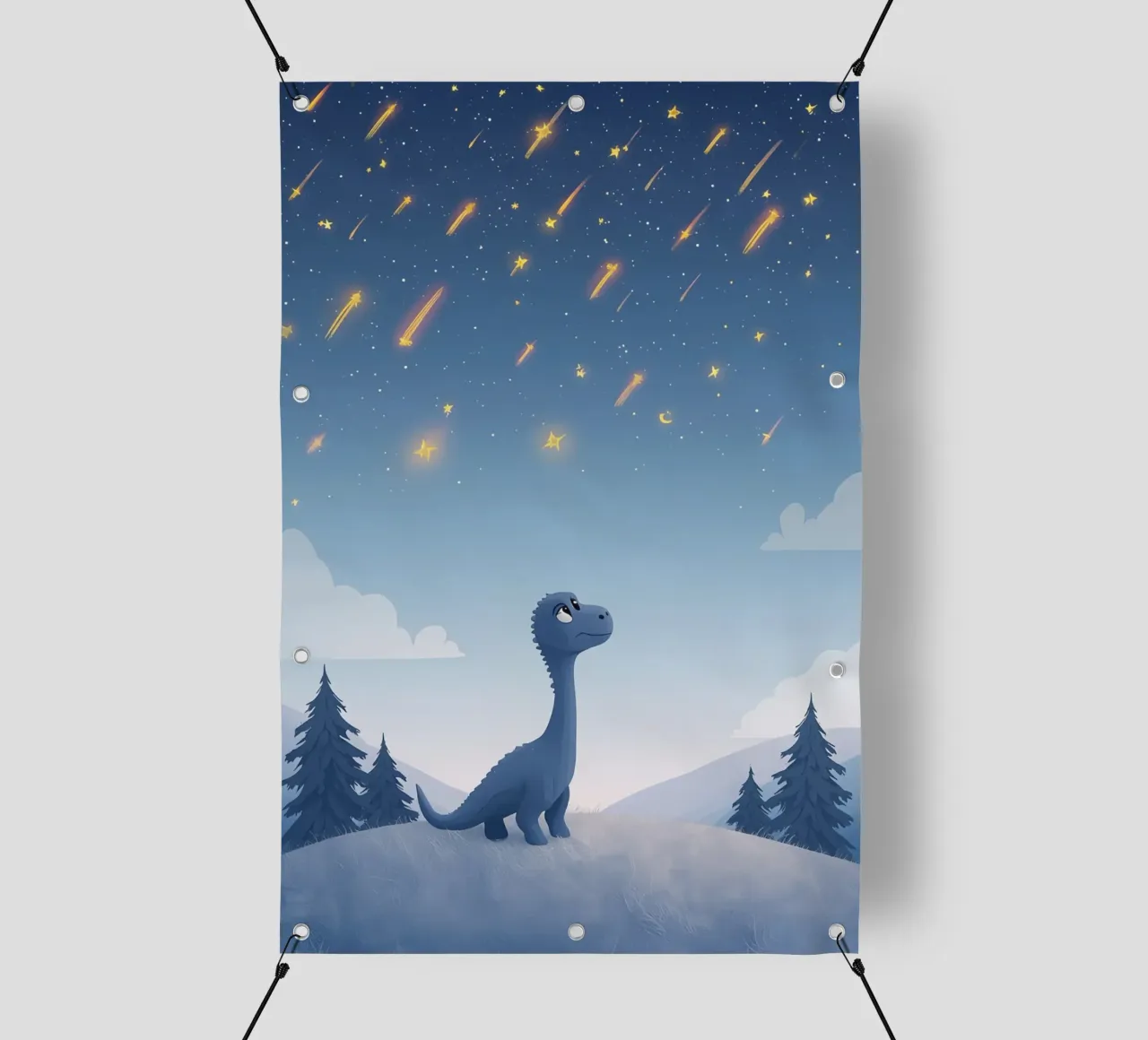 Un simpatico dinosauro blu osserva la pioggia di meteoriti telo in pvc da DesignDoodle