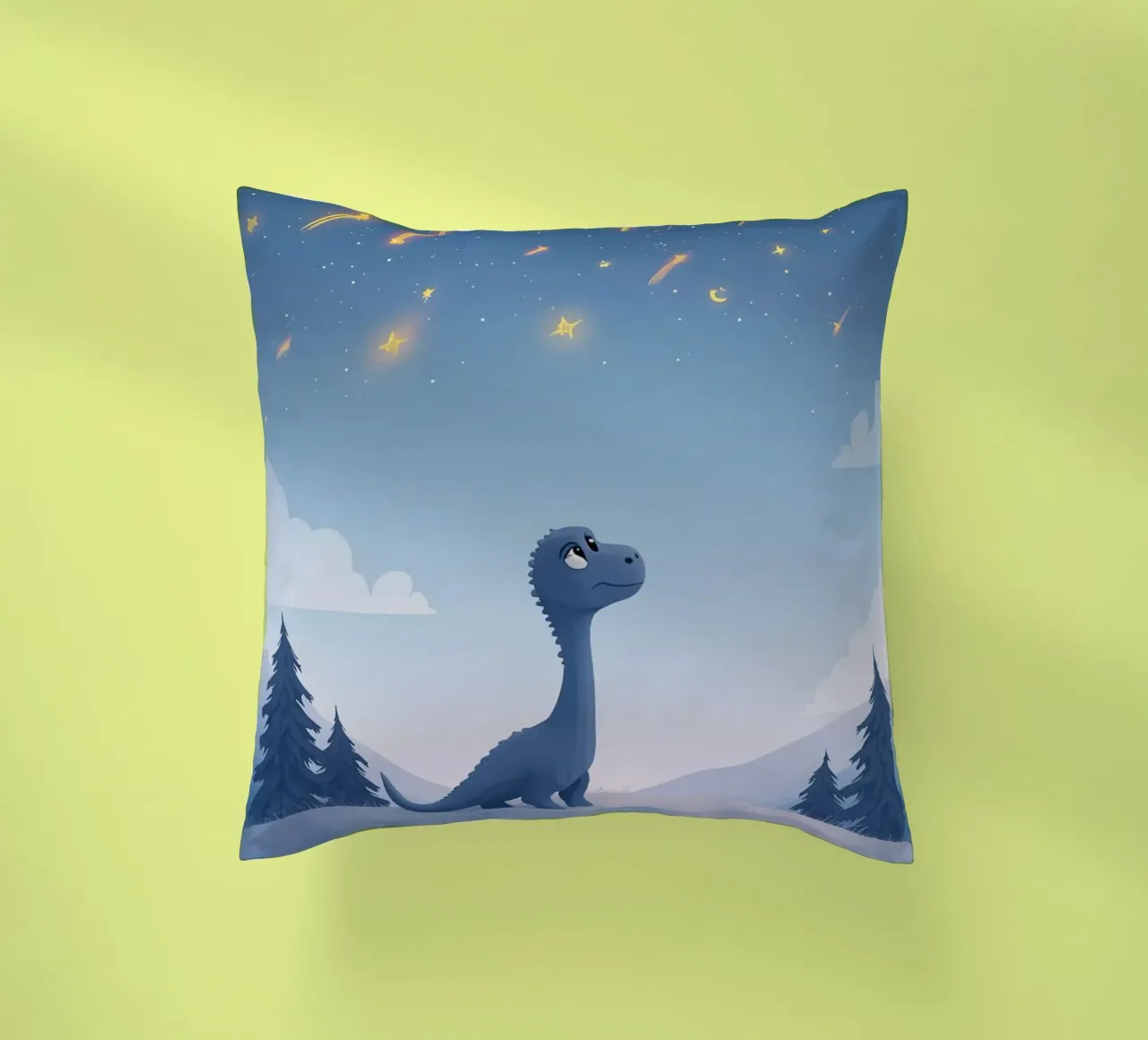Un simpatico dinosauro blu osserva la pioggia di meteoriti cuscino da DesignDoodle
