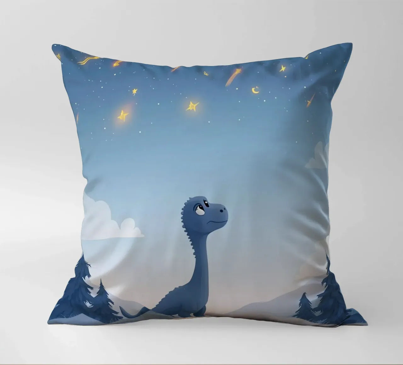 Un simpatico dinosauro blu osserva la pioggia di meteoriti cuscino da DesignDoodle