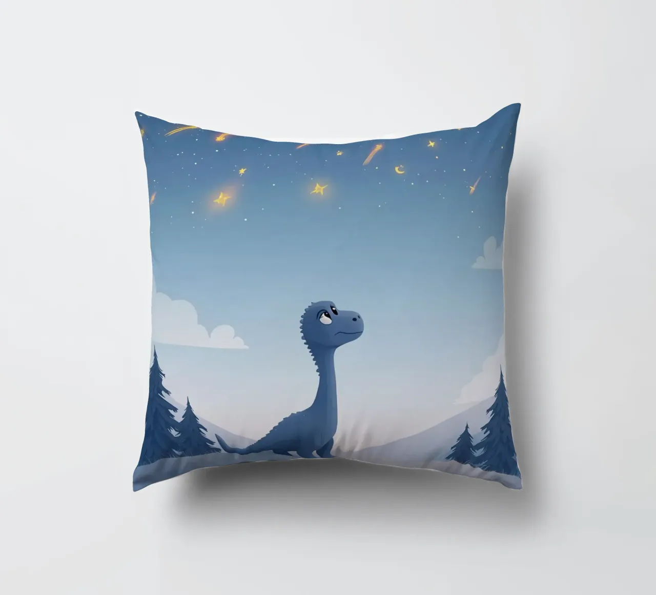 Un simpatico dinosauro blu osserva la pioggia di meteoriti cuscino da DesignDoodle