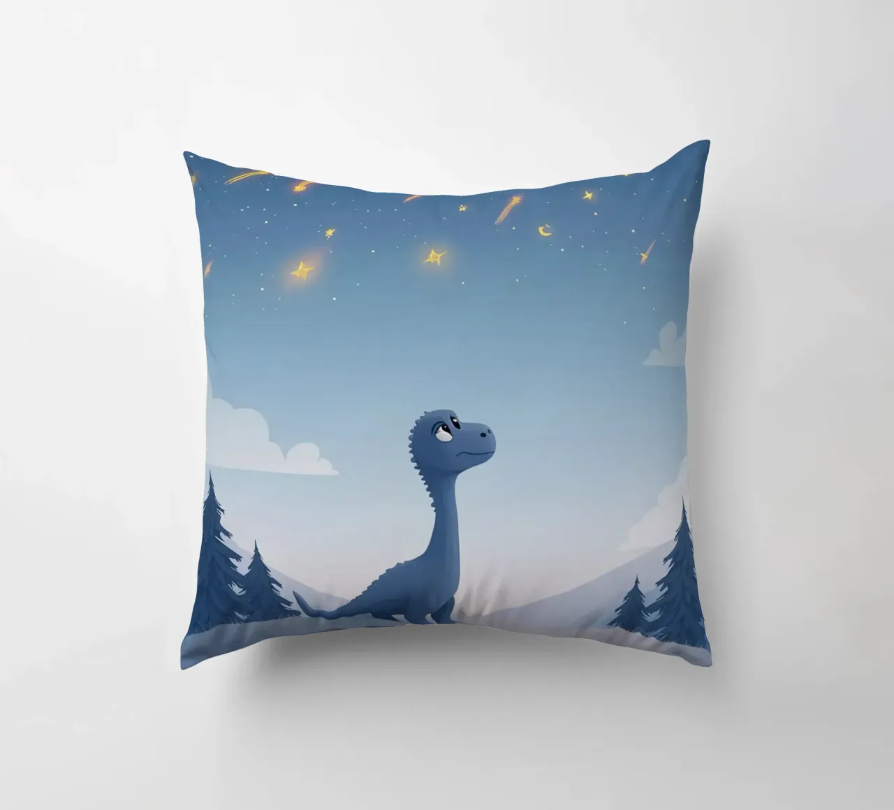 Un simpatico dinosauro blu osserva la pioggia di meteoriti cuscino da DesignDoodle