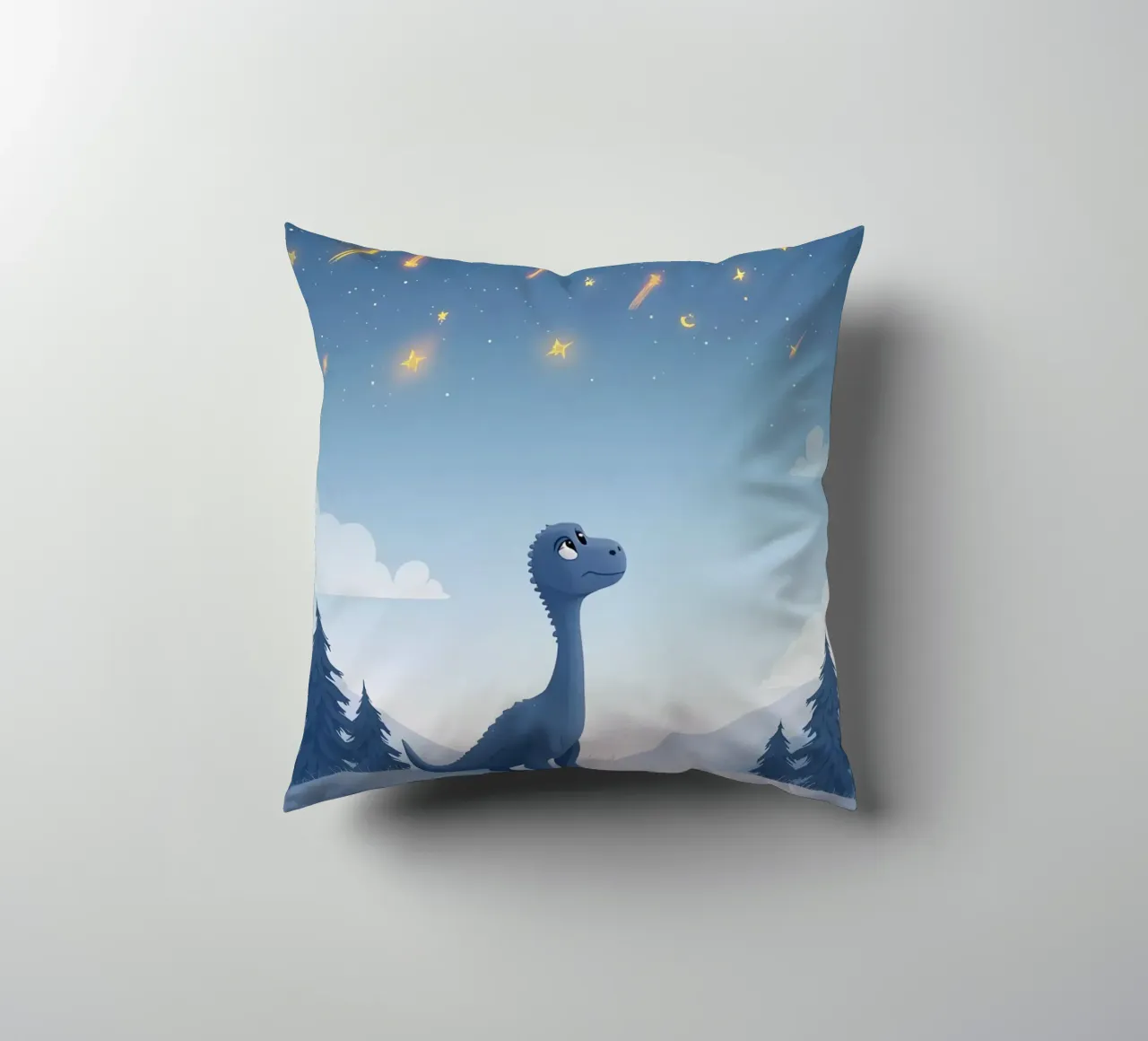 Un simpatico dinosauro blu osserva la pioggia di meteoriti cuscino da DesignDoodle