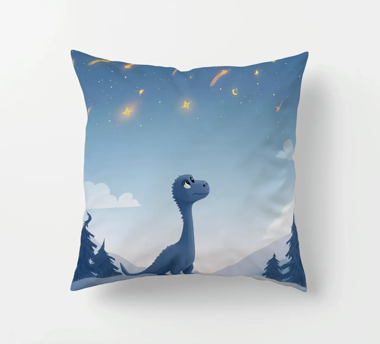 Un simpatico dinosauro blu osserva la pioggia di meteoriti cuscino da DesignDoodle