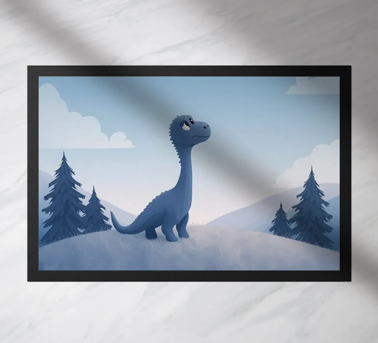 Un mignon dinosaure bleu regarde une pluie de météorites paillasson de DesignDoodle