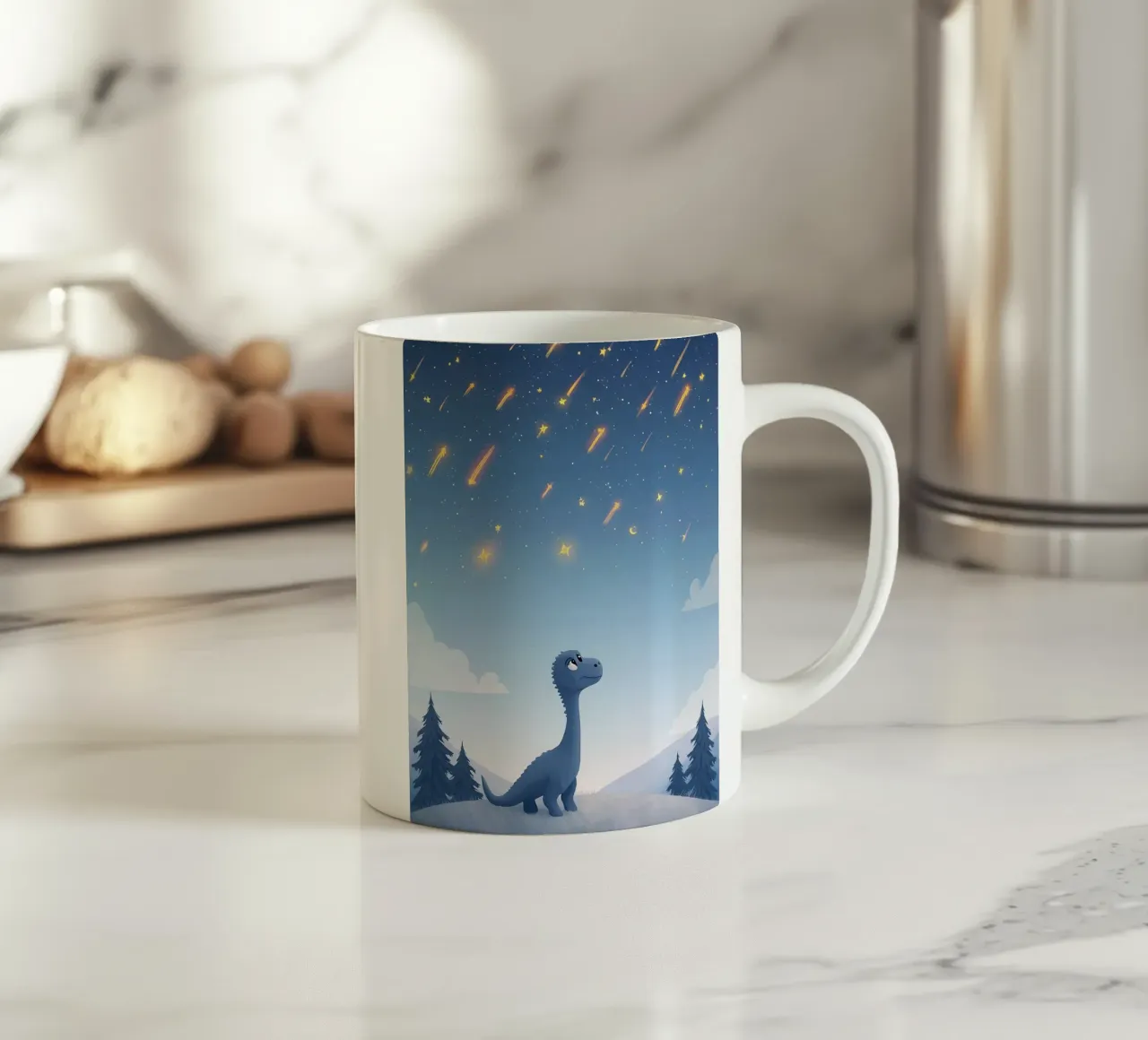 Un simpatico dinosauro blu osserva la pioggia di meteoriti tazza in ceramica da DesignDoodle