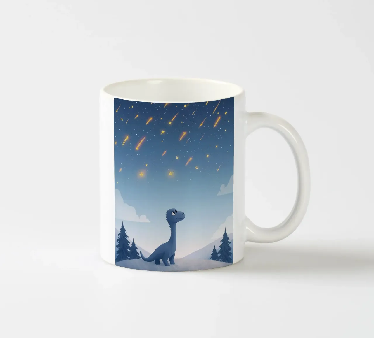 Un simpatico dinosauro blu osserva la pioggia di meteoriti tazza in ceramica da DesignDoodle