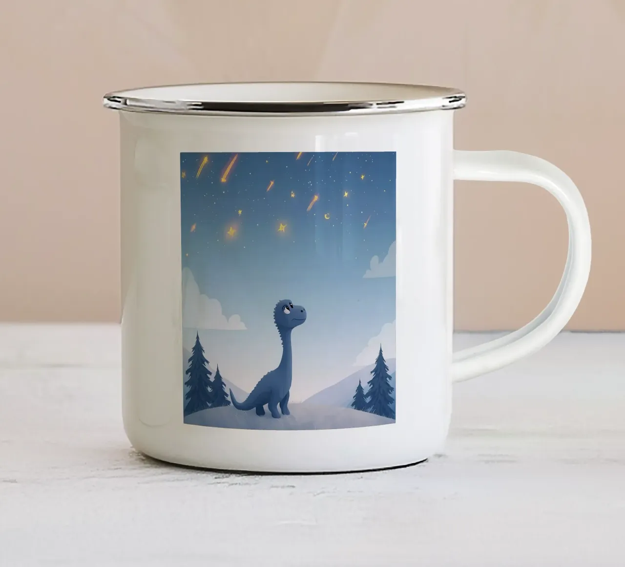 Un simpatico dinosauro blu osserva la pioggia di meteoriti tazza in smalto da DesignDoodle