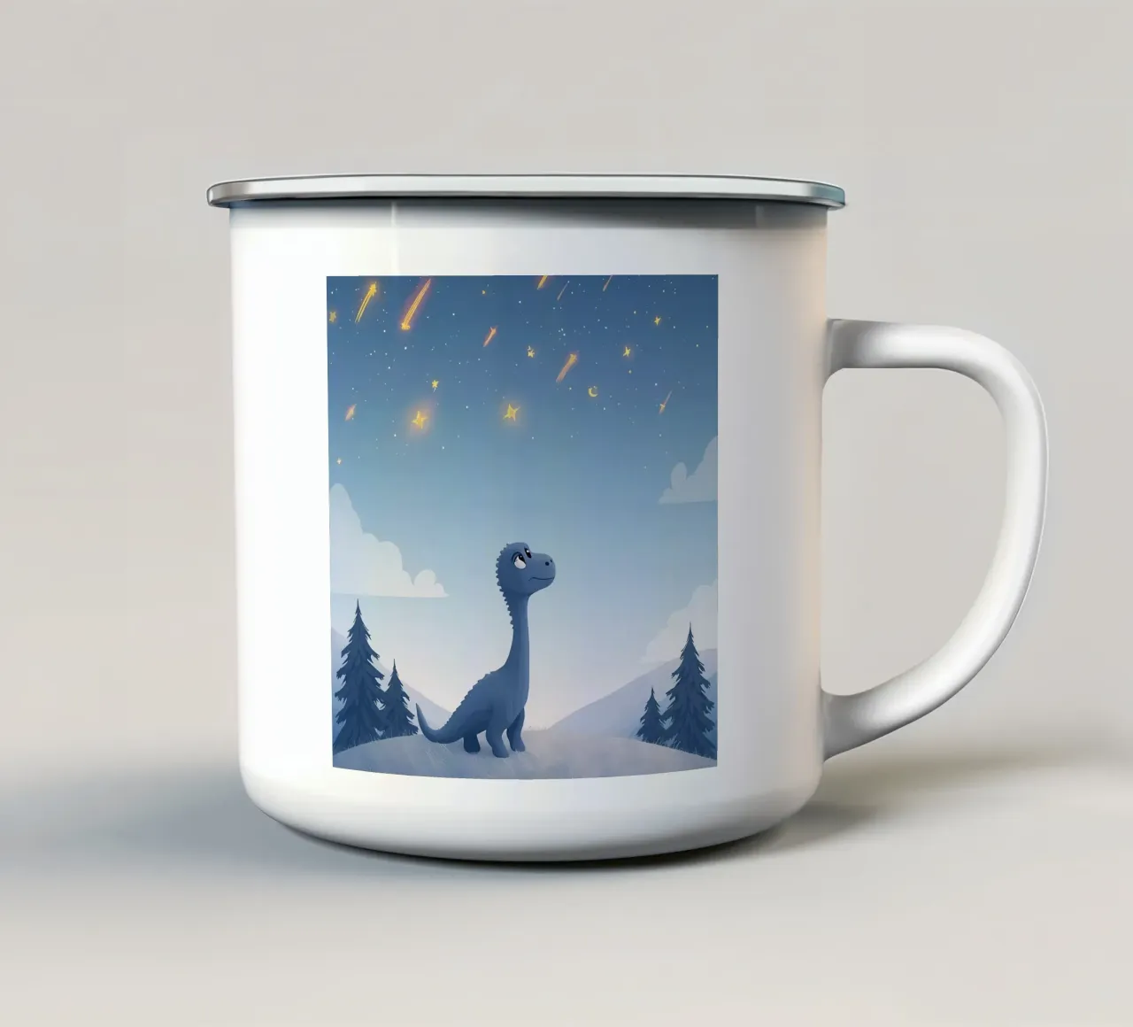 Un simpatico dinosauro blu osserva la pioggia di meteoriti tazza in smalto da DesignDoodle