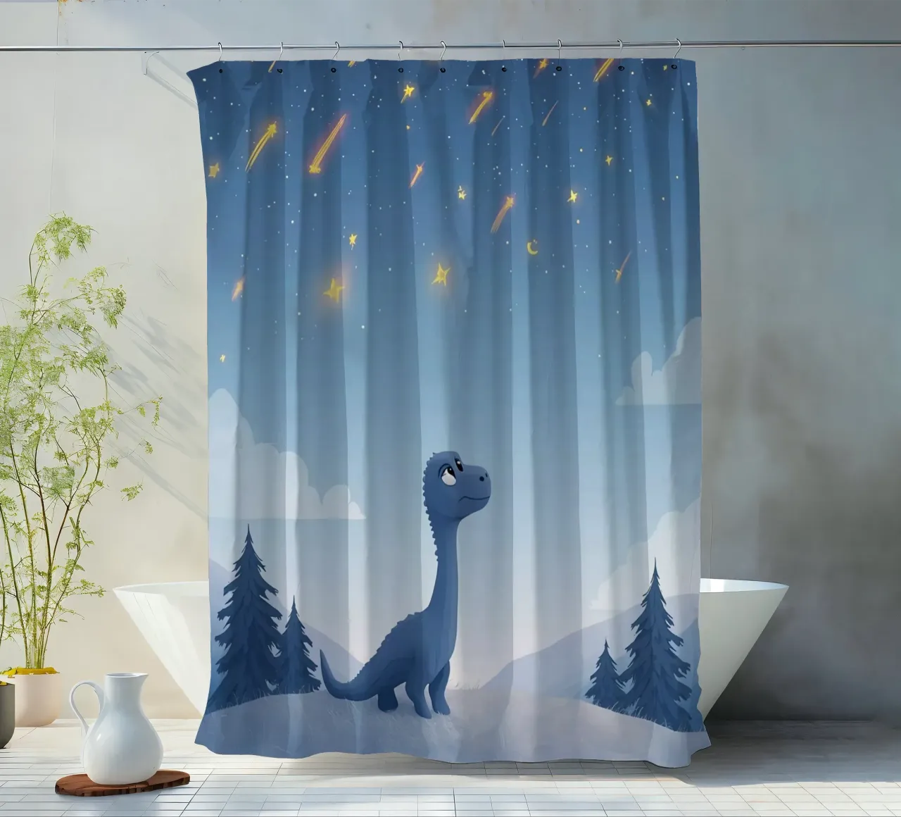 Un simpatico dinosauro blu osserva la pioggia di meteoriti tenda da doccia da DesignDoodle