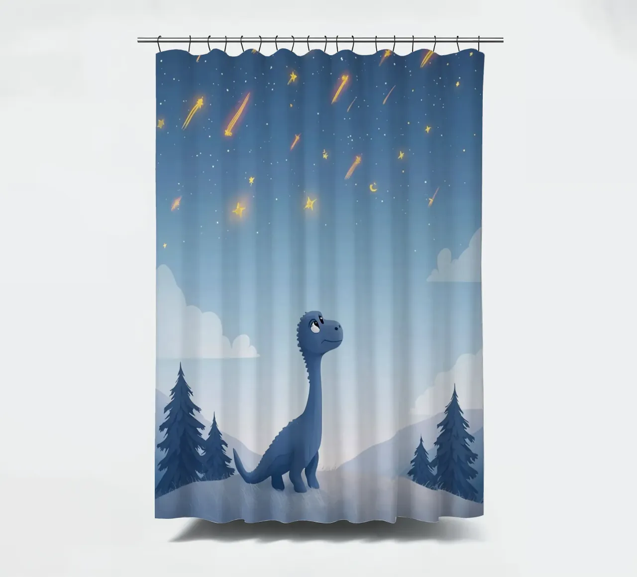 Un simpatico dinosauro blu osserva la pioggia di meteoriti tenda da doccia da DesignDoodle