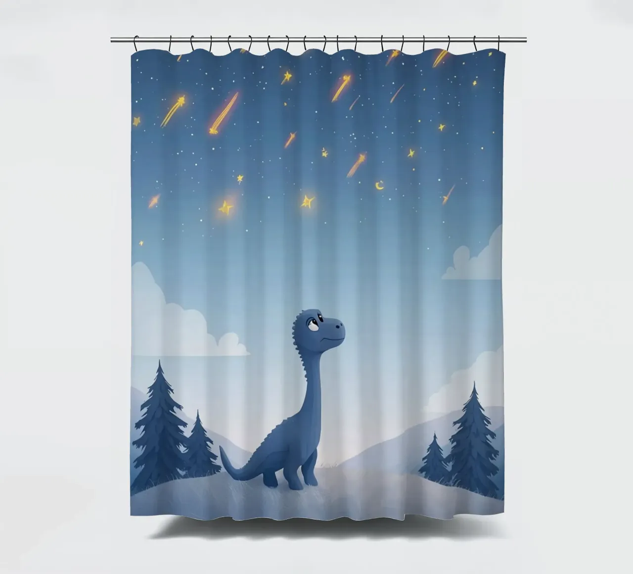 Un simpatico dinosauro blu osserva la pioggia di meteoriti tenda da doccia da DesignDoodle
