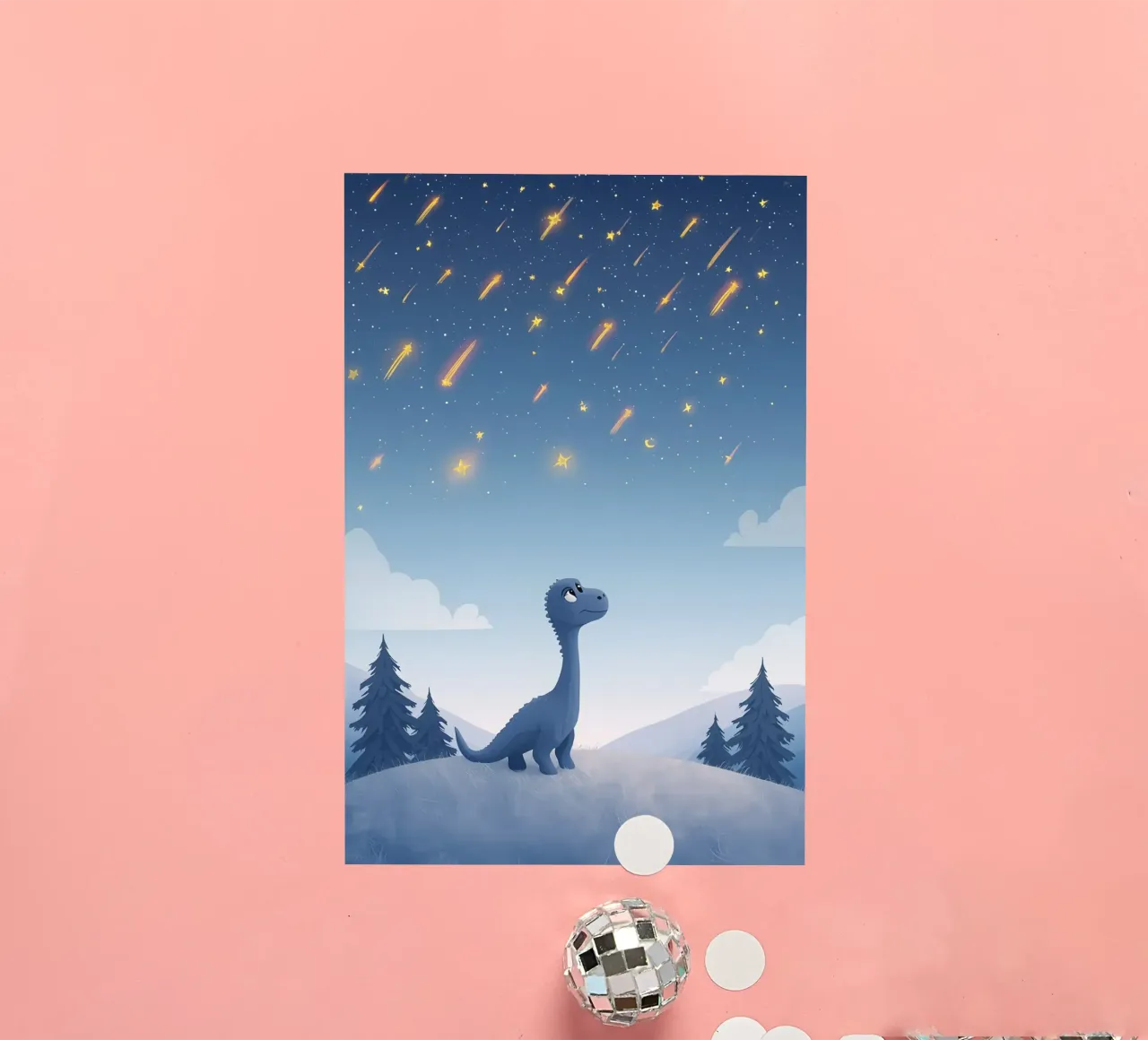 Un simpatico dinosauro blu osserva la pioggia di meteoriti adesivo da DesignDoodle