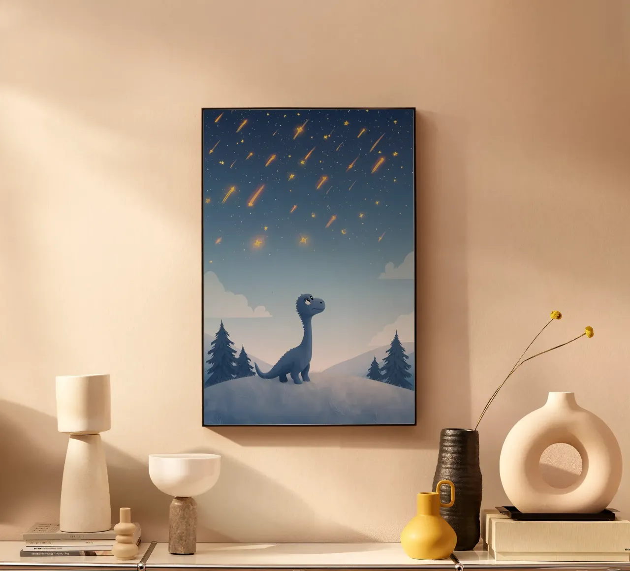 Un simpatico dinosauro blu osserva la pioggia di meteoriti alluminio dibond da DesignDoodle