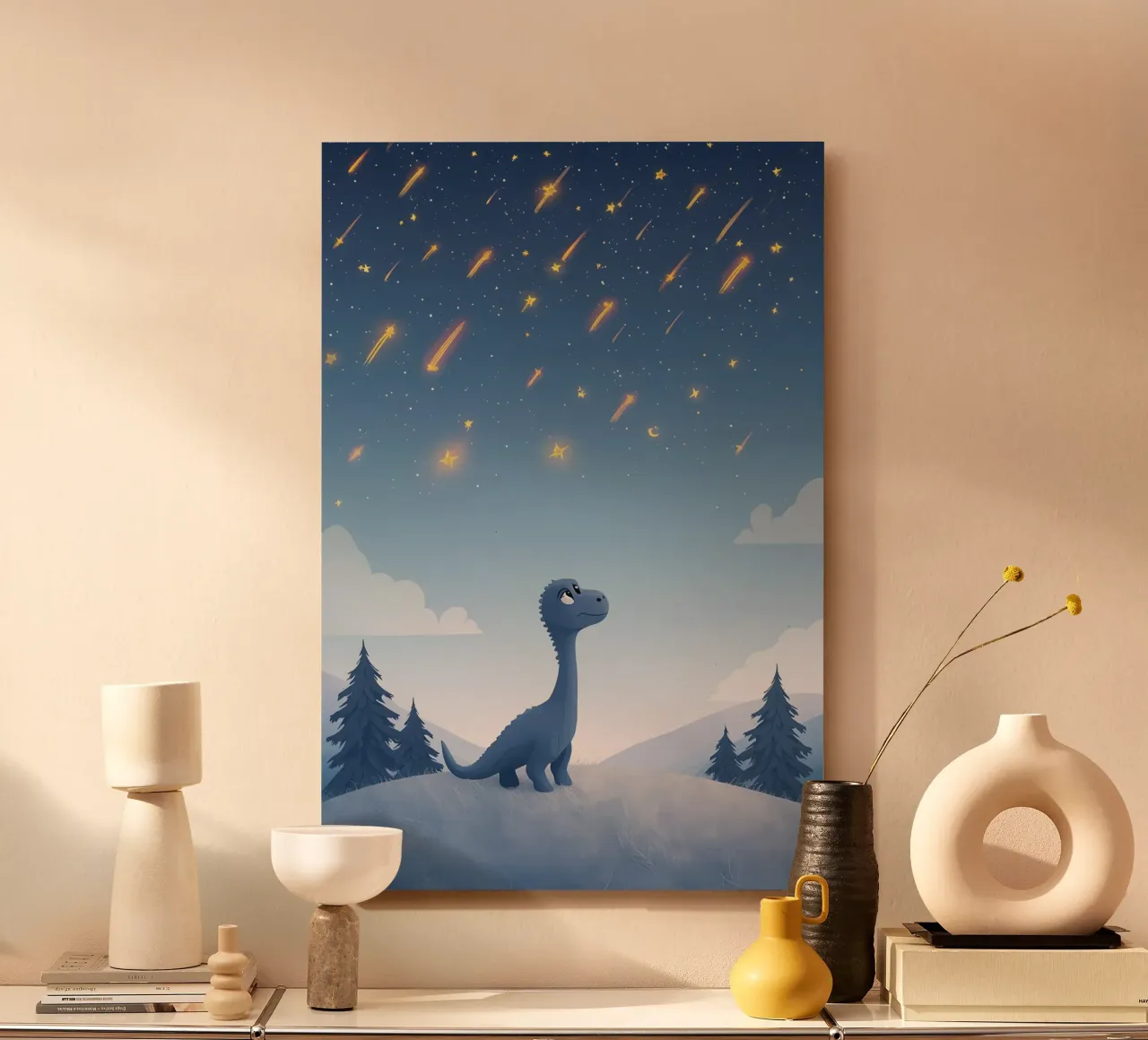 Un simpatico dinosauro blu osserva la pioggia di meteoriti alluminio dibond da DesignDoodle