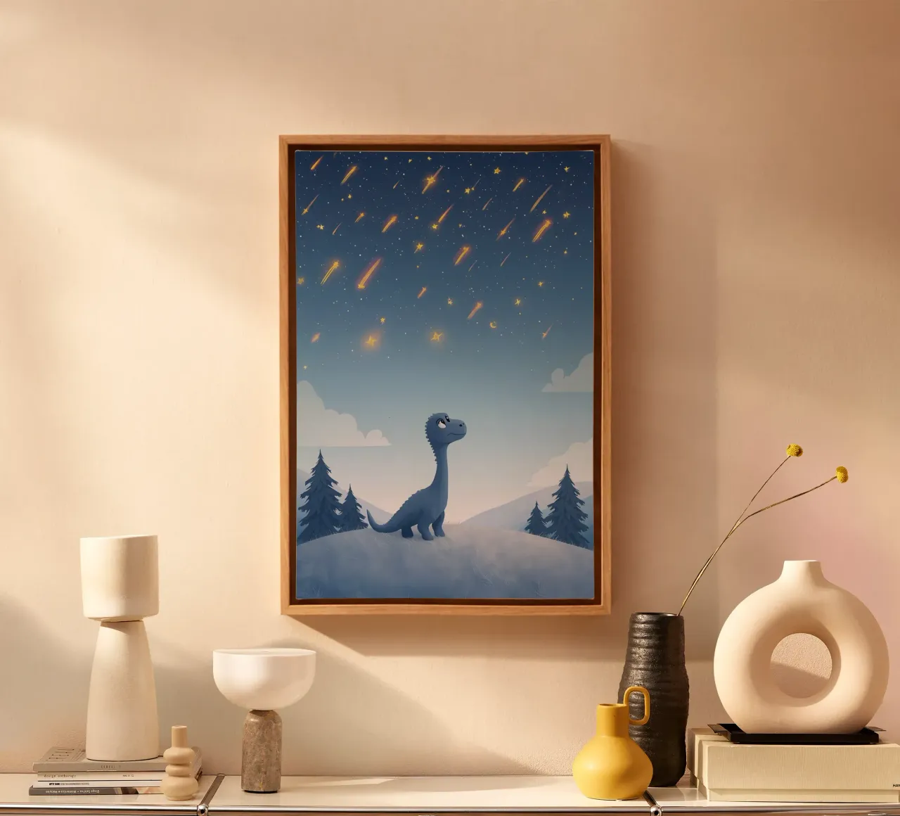 Un simpatico dinosauro blu osserva la pioggia di meteoriti tela da DesignDoodle
