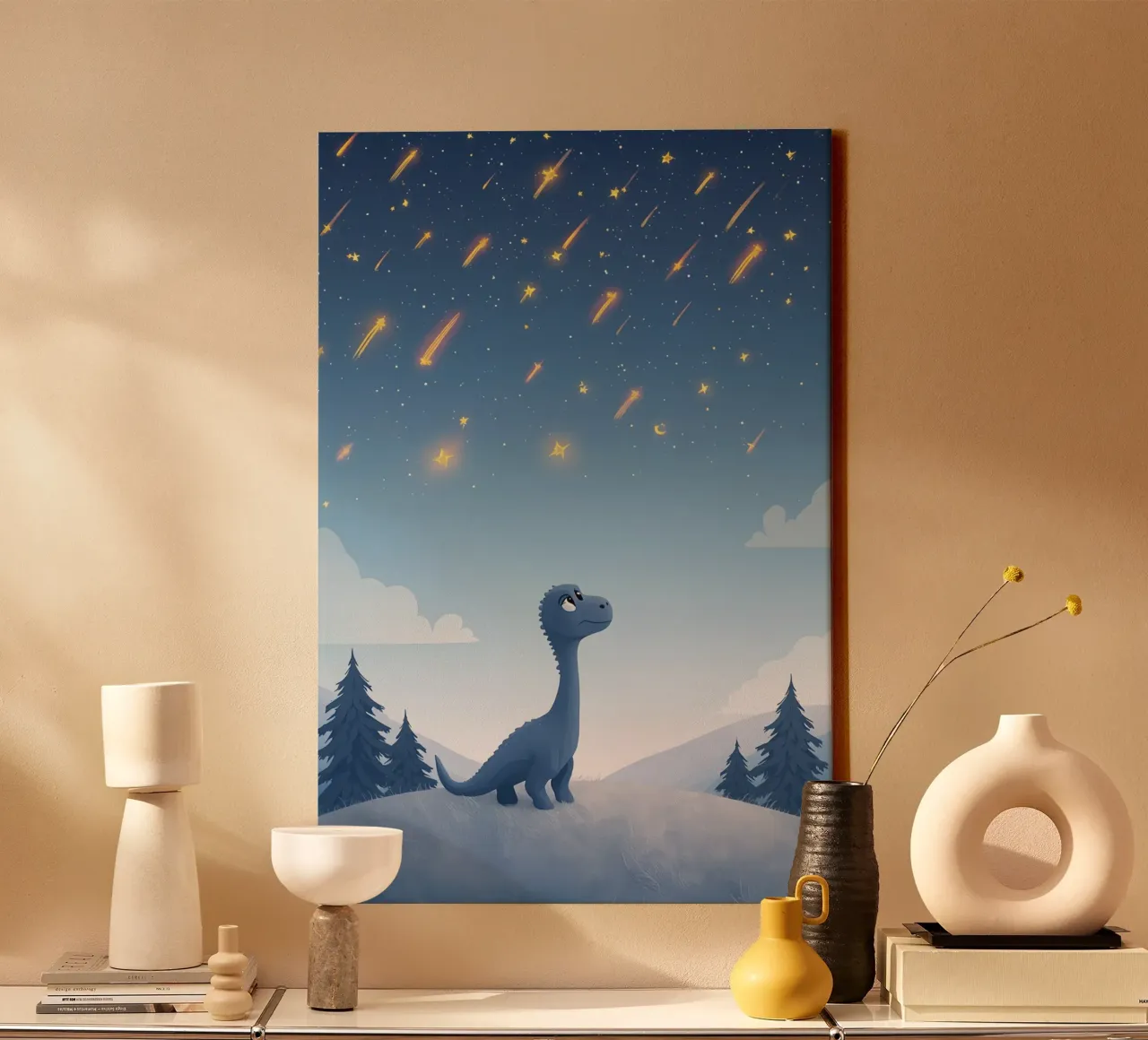 Un simpatico dinosauro blu osserva la pioggia di meteoriti tela da DesignDoodle