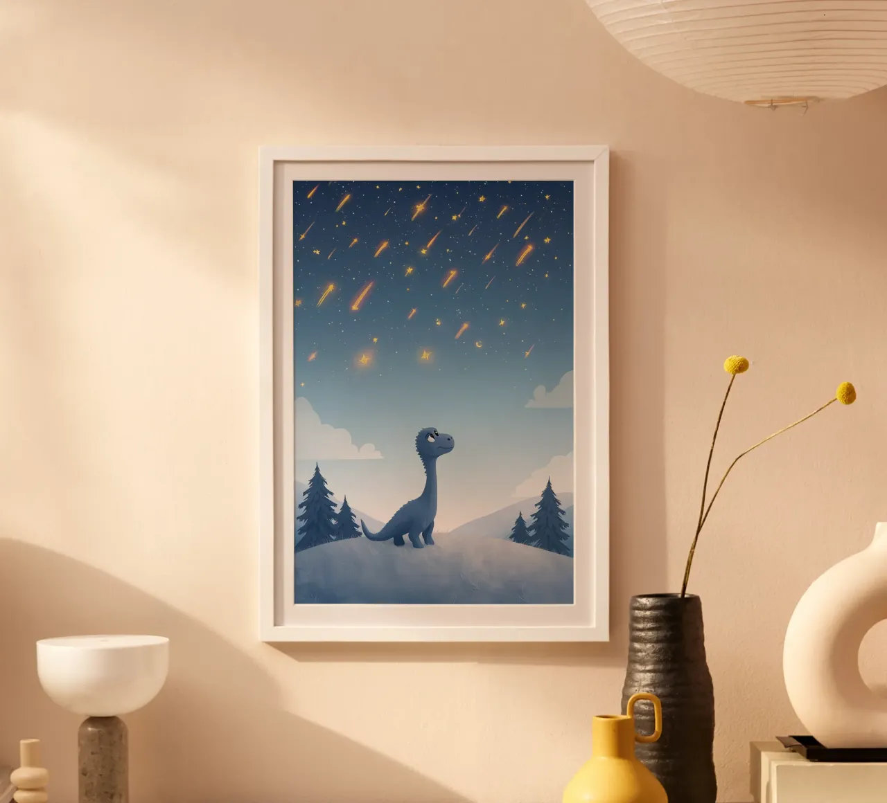 Un simpatico dinosauro blu osserva la pioggia di meteoriti carta hahnemühle da DesignDoodle