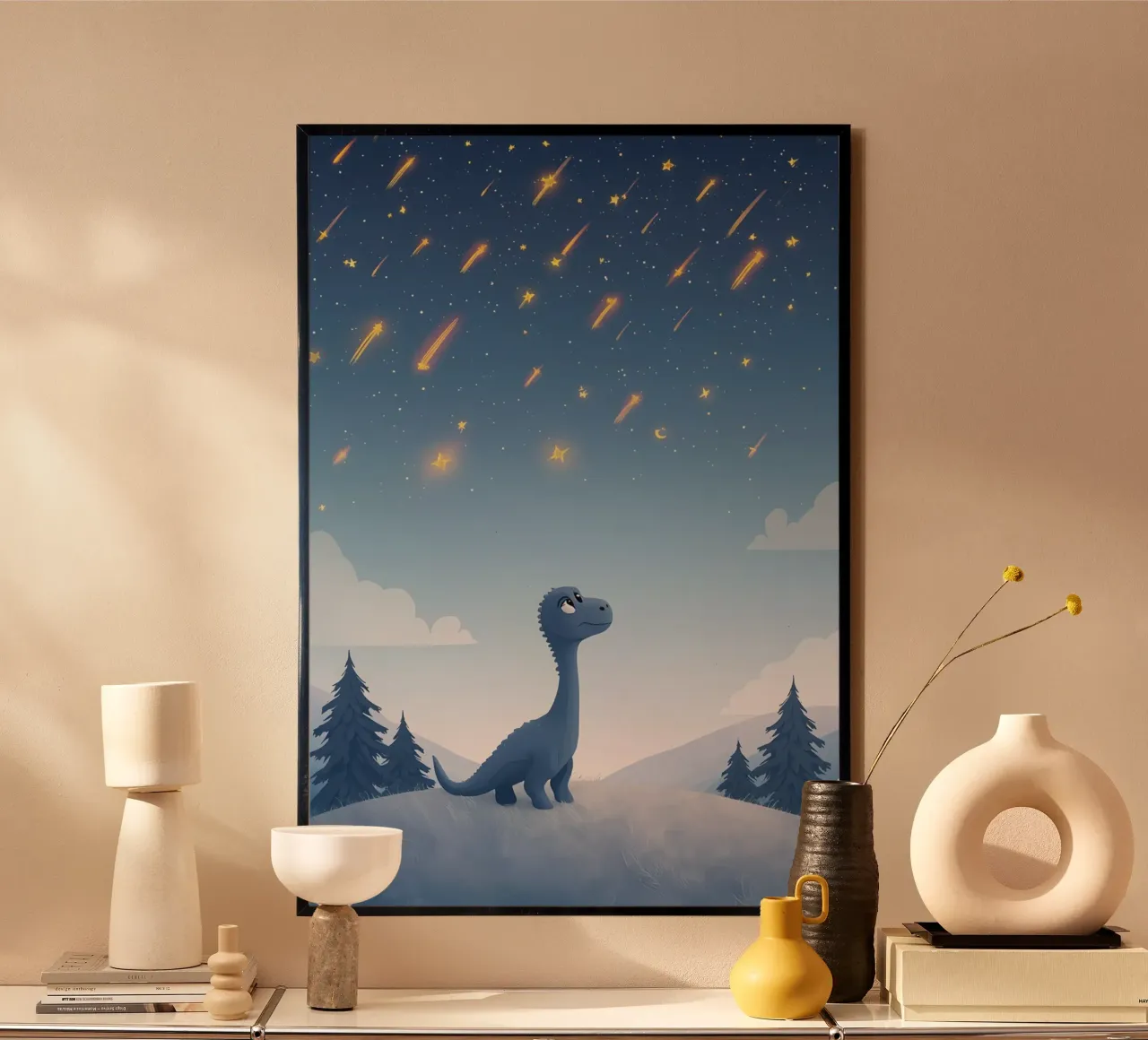 Un simpatico dinosauro blu osserva la pioggia di meteoriti carta hahnemühle da DesignDoodle