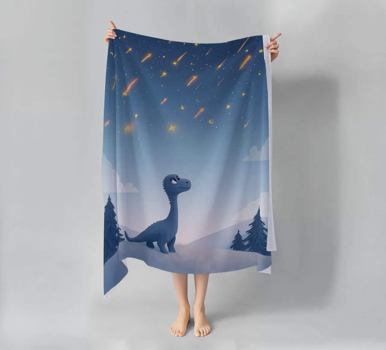 Un simpatico dinosauro blu osserva la pioggia di meteoriti telo mare da DesignDoodle