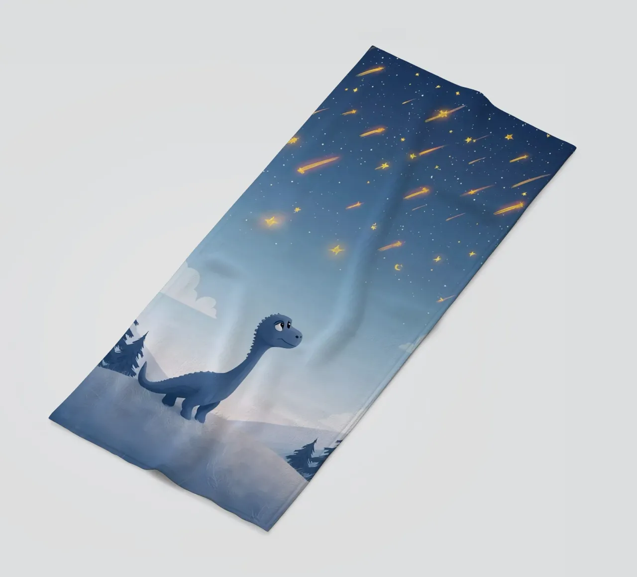 Un simpatico dinosauro blu osserva la pioggia di meteoriti telo mare da DesignDoodle