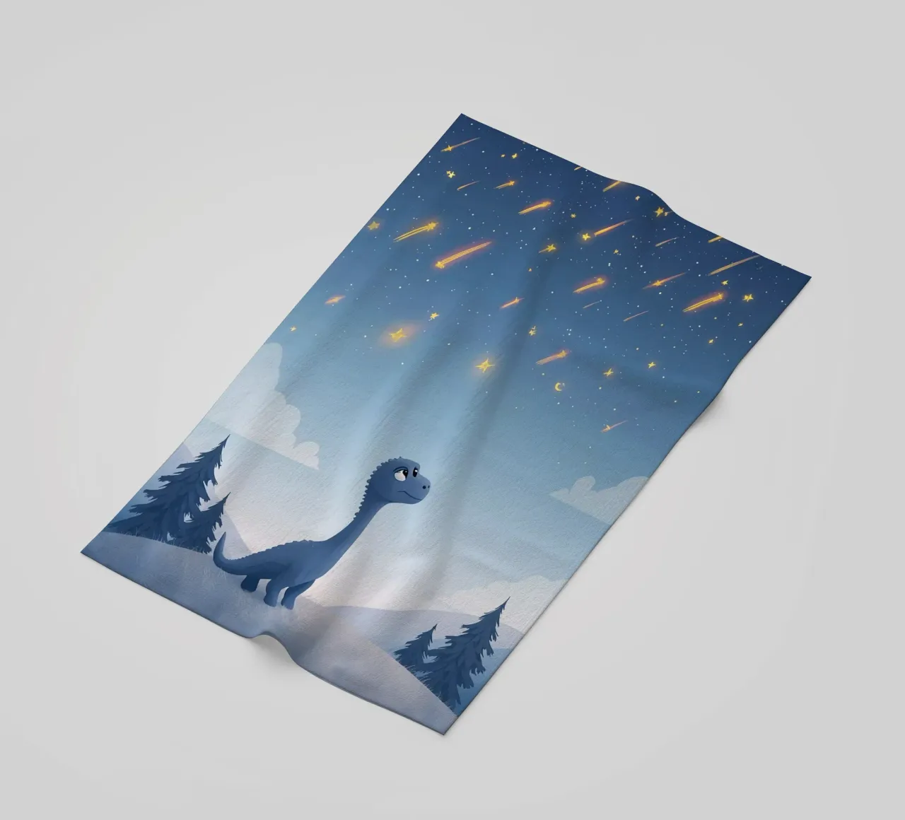 Un simpatico dinosauro blu osserva la pioggia di meteoriti telo mare da DesignDoodle