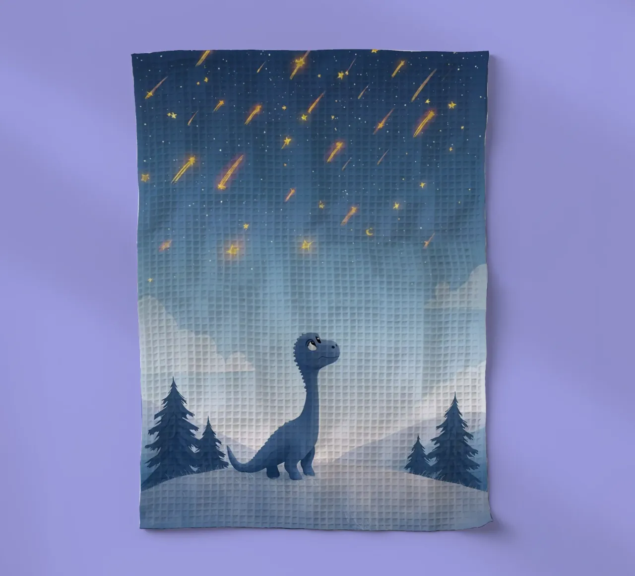 Un simpatico dinosauro blu osserva la pioggia di meteoriti canovaccio da cucina da DesignDoodle