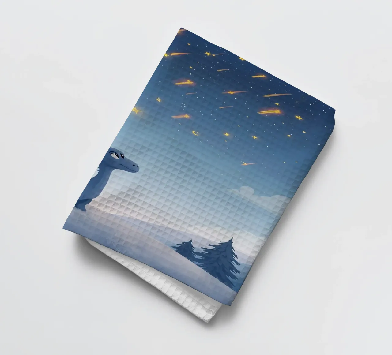 Un simpatico dinosauro blu osserva la pioggia di meteoriti canovaccio da cucina da DesignDoodle