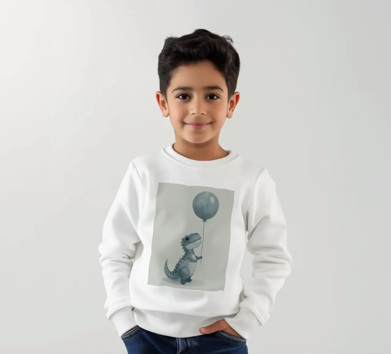 Simpatico dinosauro grigio-blu che tiene in mano un palloncino felpa bambino da DesignDoodle