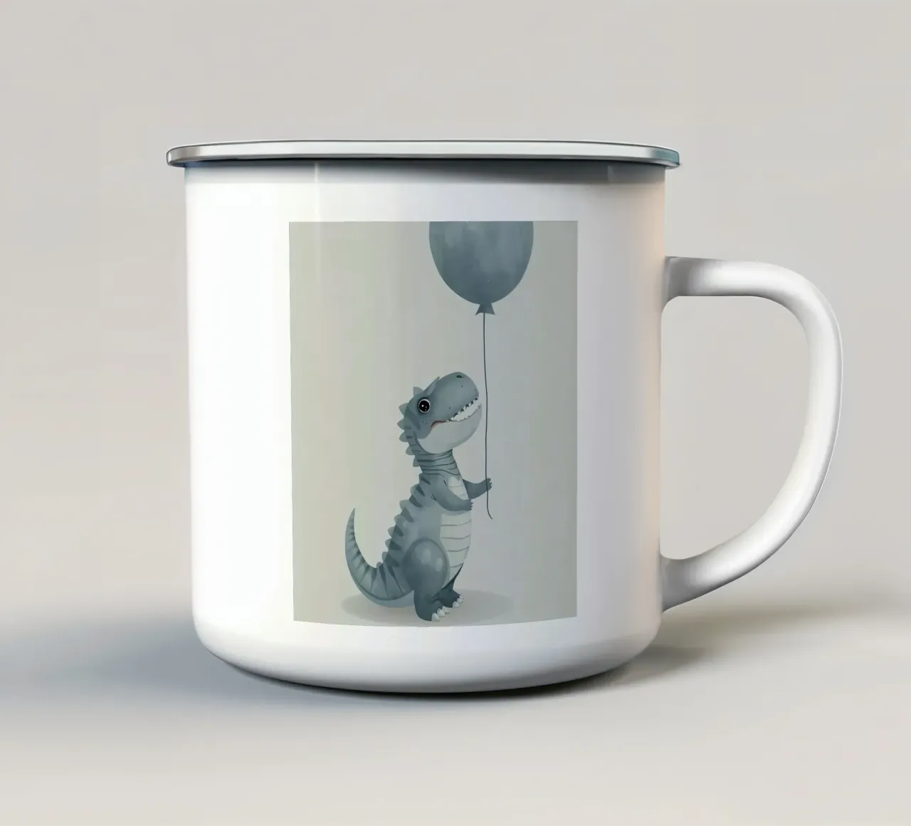 Simpatico dinosauro grigio-blu che tiene in mano un palloncino tazza in smalto da DesignDoodle