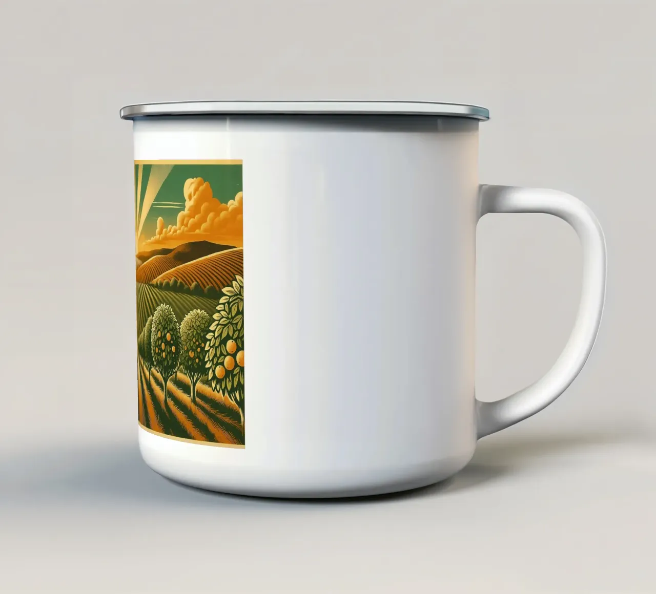 Poster d'epoca sull'alba nel frutteto tazza in smalto da Wanderlust Vibes