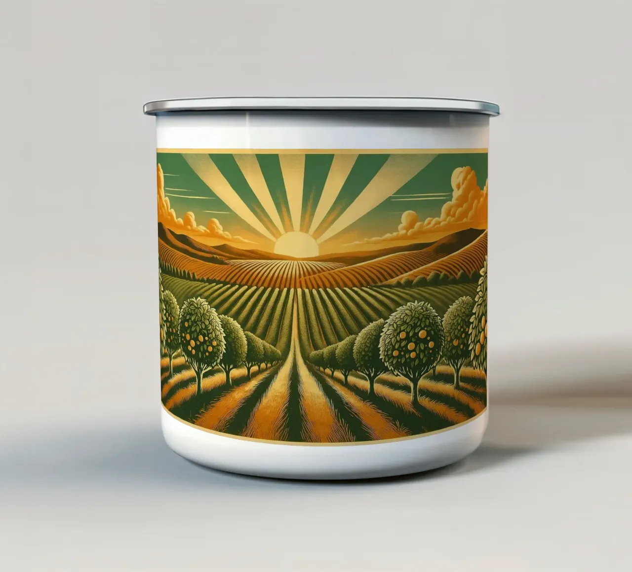 Poster d'epoca sull'alba nel frutteto tazza in smalto da Wanderlust Vibes