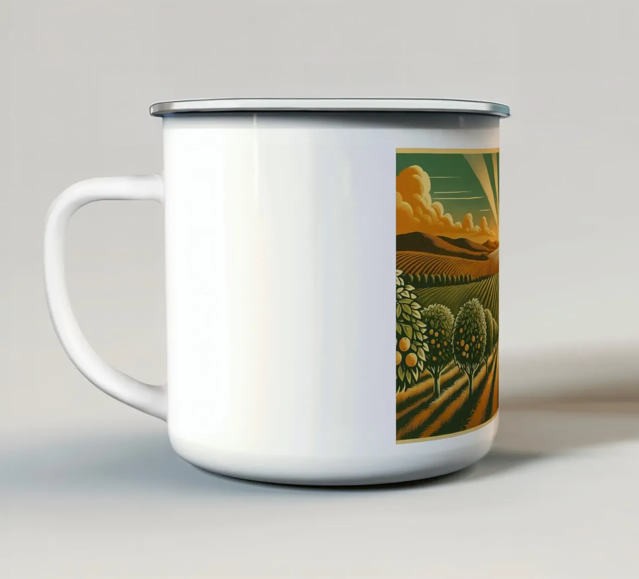 Poster d'epoca sull'alba nel frutteto tazza in smalto da Wanderlust Vibes
