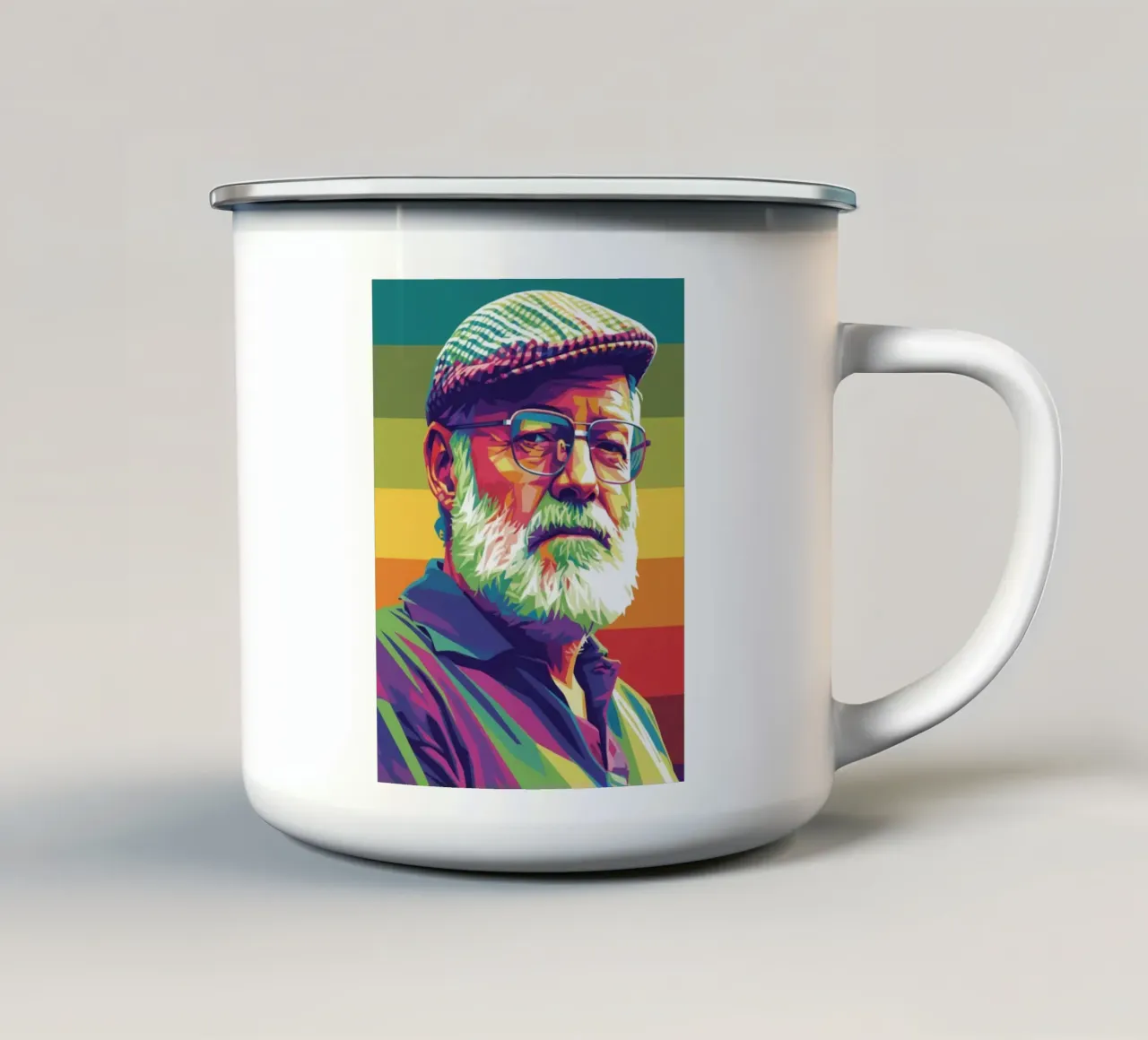 Ernest Hemingway ritratto colorato in stile pop art tazza in smalto da Hantamrata