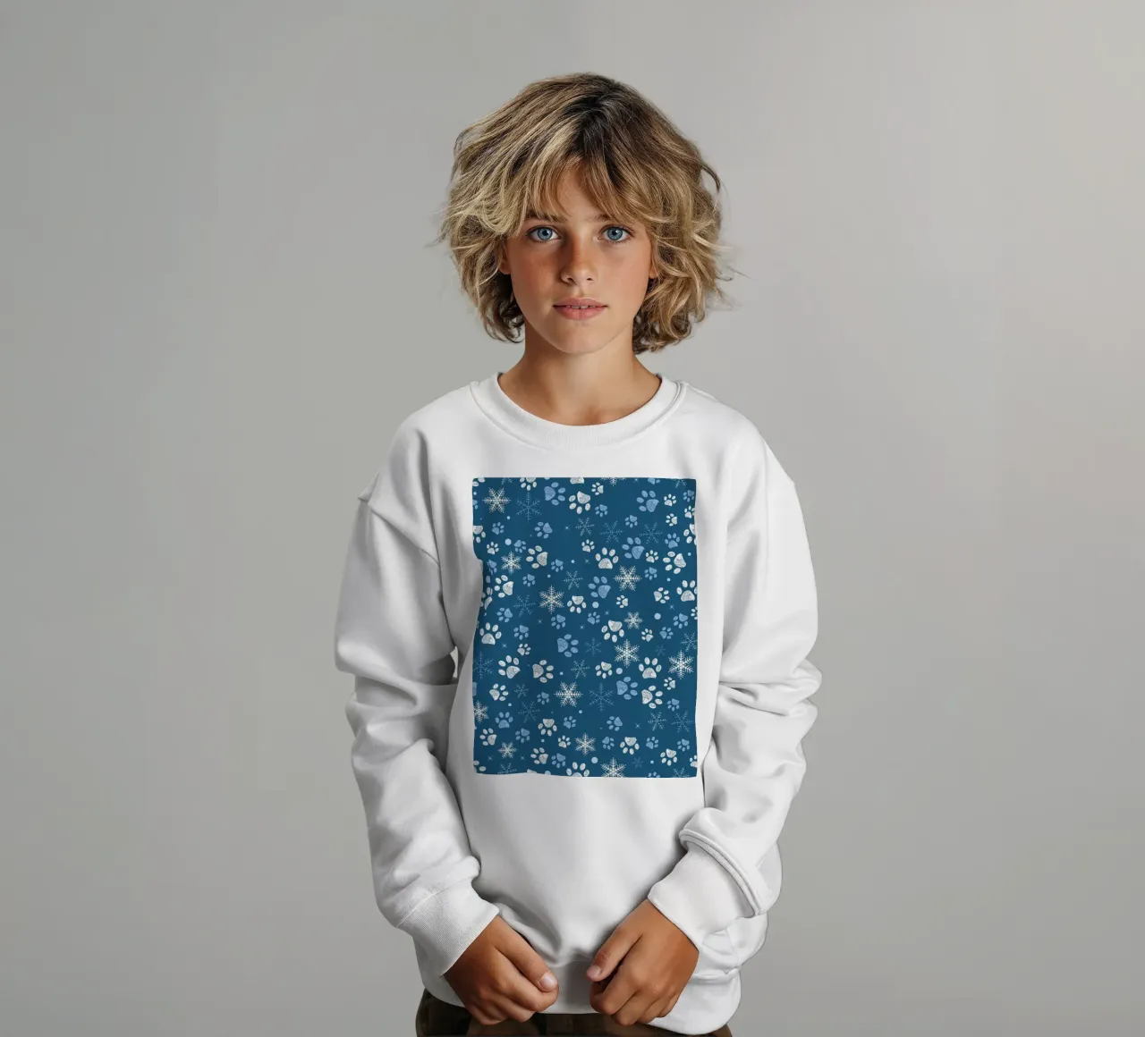 Impronte di zampe con fiocchi di neve blu felpa bambino da GalerieGG