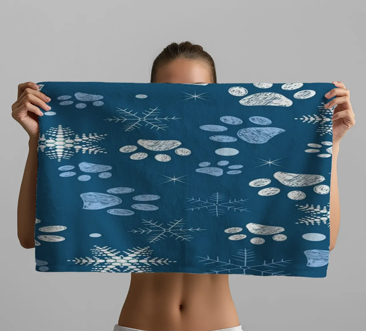 Paw prints with snowflakes blue towel by GalerieGG