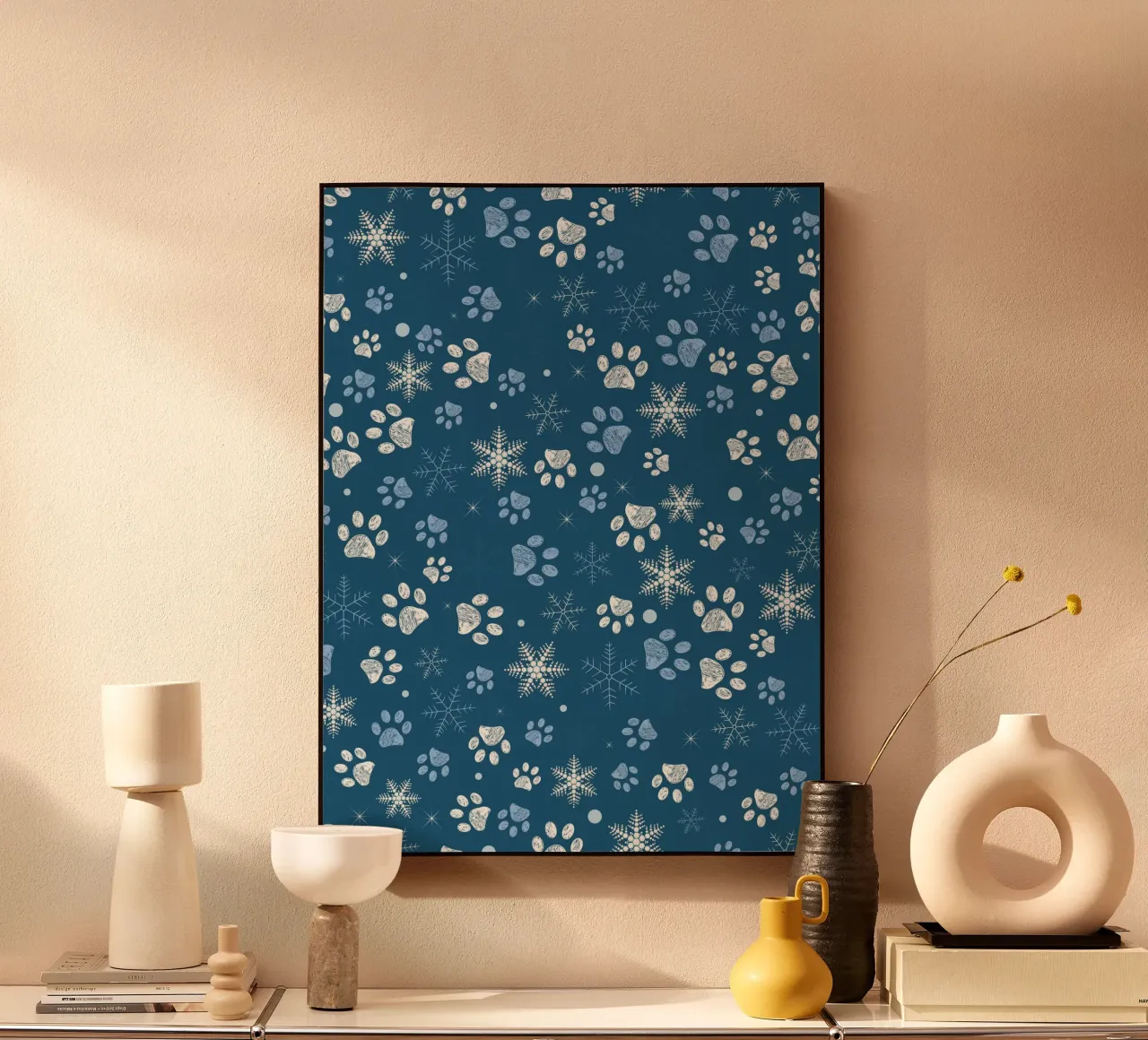 Impronte di zampe con fiocchi di neve blu pannello forex da GalerieGG