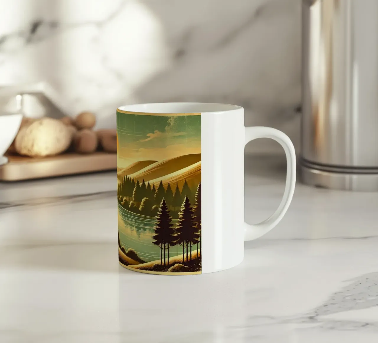 Poster d'epoca con luce mattutina del fiume tazza in ceramica da Wanderlust Vibes
