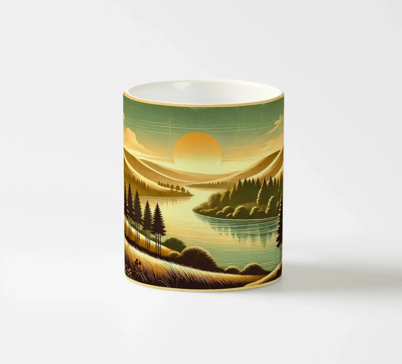 Poster d'epoca con luce mattutina del fiume tazza in ceramica da Wanderlust Vibes