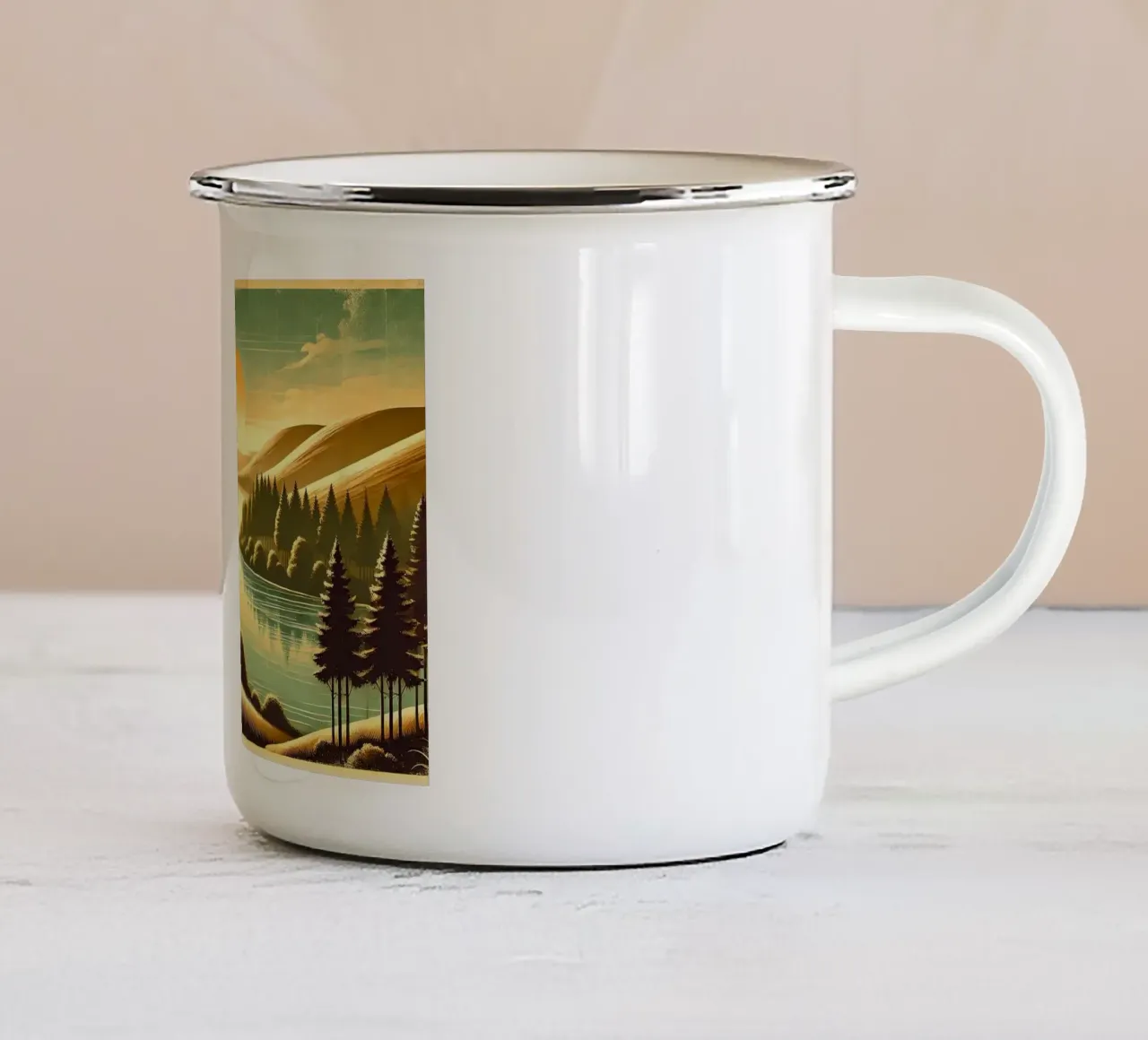 Poster d'epoca con luce mattutina del fiume tazza in smalto da Wanderlust Vibes